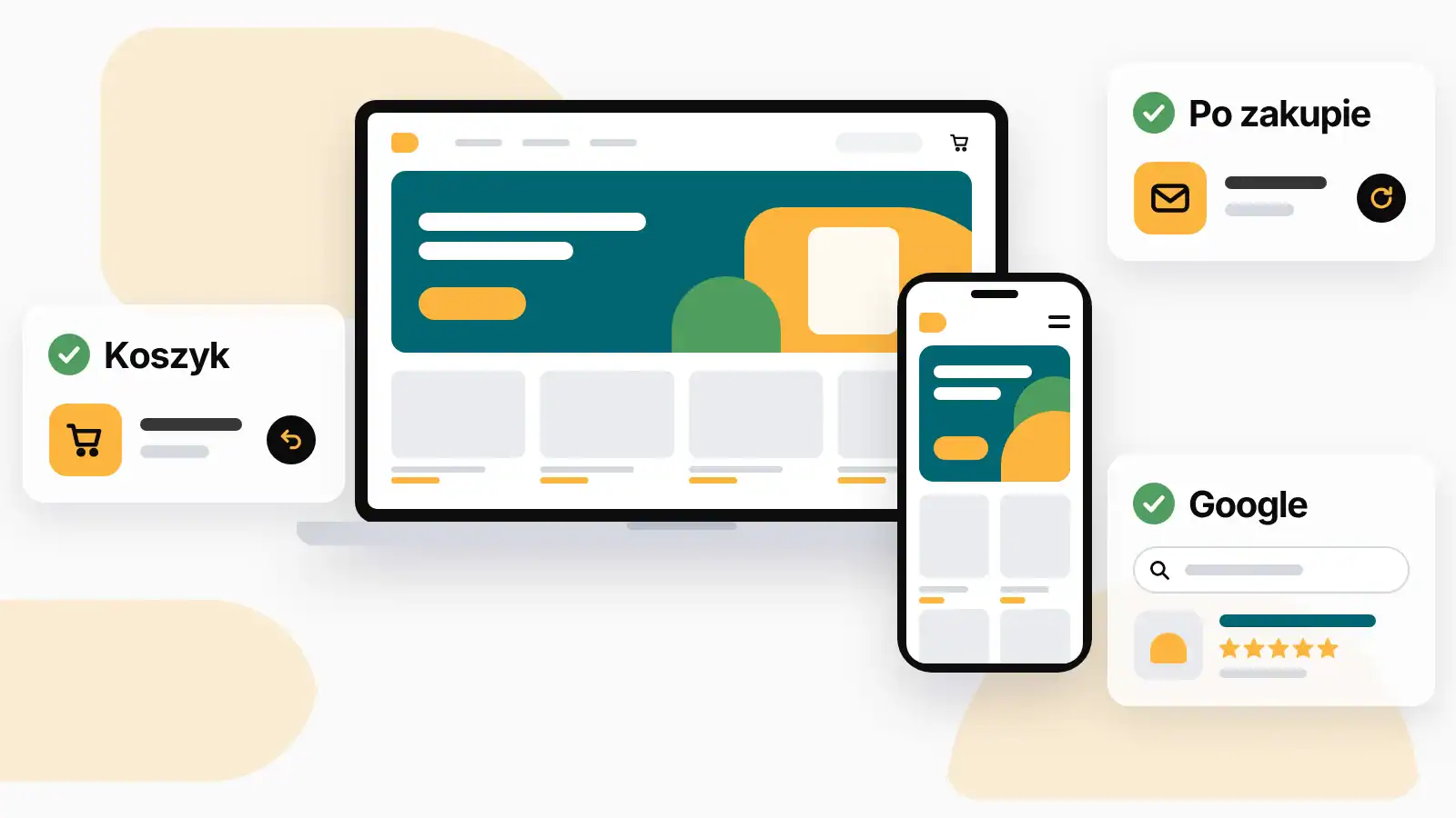 Nowy sklep internetowy 1 Nowy sklep marki na laptopie i telefonie z wbudowanym przypomnieniem o koszyku, wiadomością po zakupie i kartą produktu w wynikach Google