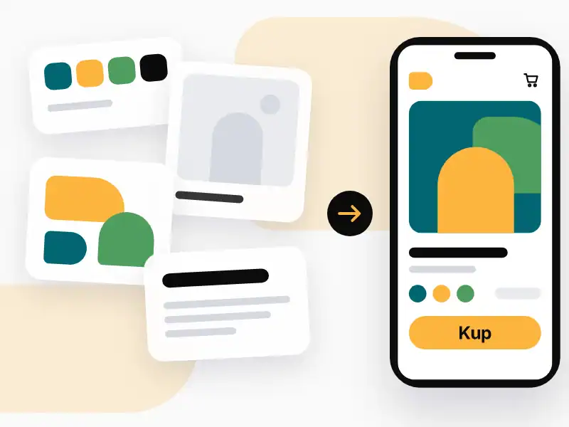 Nowy sklep internetowy 9 Moodboard marki z kolorami i kształtami zamieniony w gotową kartę produktu na telefonie